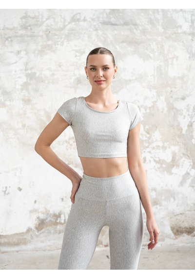 Lismina Gri Pamuk Dokunuşlu Kısa Kollu Crop Spor Tişört Sporcu Büstiyer Gri