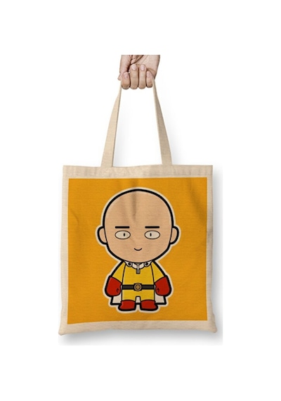 Toyaso Character Saitama One Punchman Chibi Bez Çanta Uzun Saplı Alışveriş Çantası Plaj Çantası Beyaz