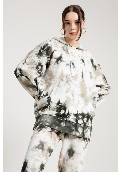 Jahr Marc Batik Yıkamalı Gri Oversize Kapüşonlu Sweatshirt
