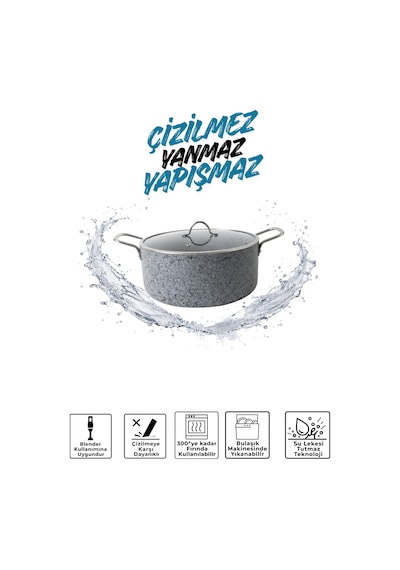 Stone-h 24 Cm Çizilmez Yanmaz Yapışmaz Derin Tencere - Cam Kapaklı Tence Granit