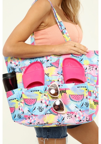 İcone Bag Kadın Çantası, Fonksiyonel Baskılı Plaj Çanta, Beach Bag, Karpuz Tropical Desenli Fermuarlı Çanta Mavi - Pembe