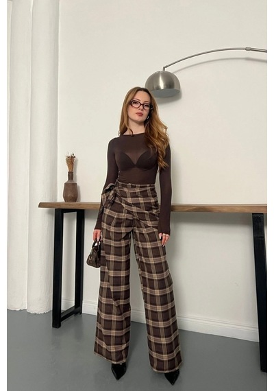 Meecy Bsk Fular Detaylı Ekoseli Tailored Fit Pantolon Kahverengi Kahverengi
