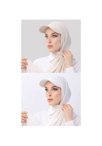 ALDAIYR 2 Adet Şapkalı Boneli Hazır Şal Hijab Sandy Ekru - Beyaz