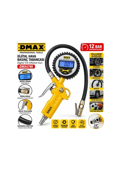 Dijital Hava Ölçme - Lastik Şişirme Tabancası 12 Bar Basınçlı - 1/4 Rekor Dmx-4798 Bx40