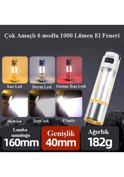 Gp-222 Zoomlu 1000lm Şarjlı Çok Fonksiyonlu El Feneri - Beyaz-kırmızı-sarı Ledli 6 Mod Kamp Lambası Çok Renkli