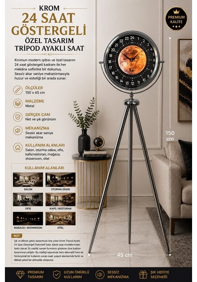 Krom 24 Saat Göstergeli 150 X 45 Cm Özel Tasarım Tripod Ayaklı Saat