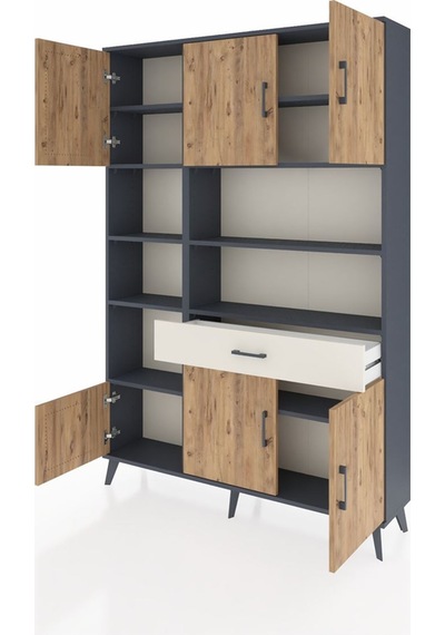 Arges Dolap 10 Raflı Tek Çekmeceli 6 Kapaklı 132x30x195 Antra... Antrasit