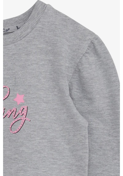 Breeze Kız Çocuk Sweatshirt Simli Yazı Baskılı 8-14 Yaş, Gri Melanj