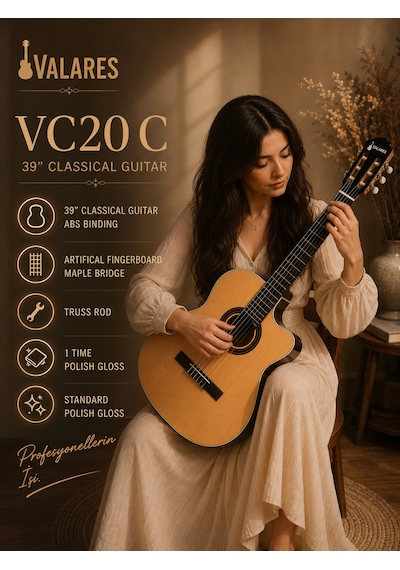 Valares Vc20cn Kesik Kasa Klasik Gitar Natürel 38 İnç 4/4 Yetişkin Üst Segment Çanta Capo Askı Pena Tuner