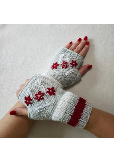 Newdaycraft El Örgüsü Motifli Parmaksız Cicekislemeli Acik Gri Eldiven Açık Gri