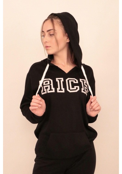 Siyah Kadın Baskılı Kapüşonlu Sweatshirt Çok Renkli