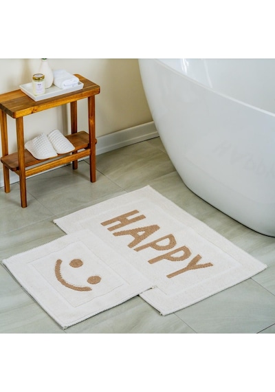 Happy Doğal Pamuklu 2'li Banyo Paspas Seti 60x100+50x60 Cm - Bej