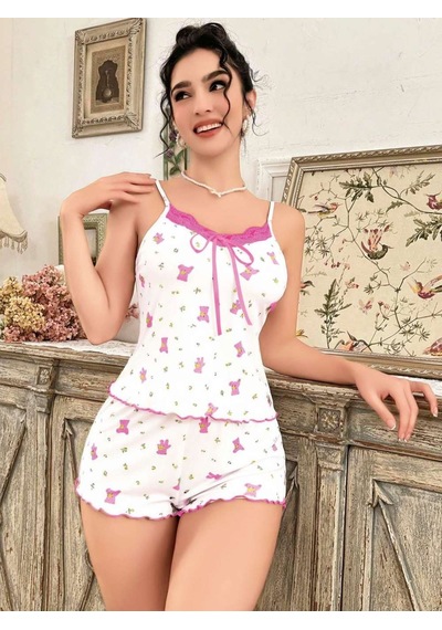Kadın Ayıcık Ve Çiçek Desenli Şortlu Gecelik Takım 5113 Beden / Renk: S/m / Beyaz Diğer