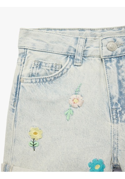 Koton Çiçek Nakışlı Cepli Pamuklu Denim Şort Lıght Indıgo 6skg40106ad Açık Mavi