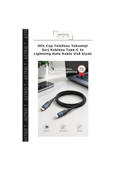 Ofis Cep Telefonu Teknoloji Şarj Kablosu Type-c To Lightning Data Kablo U18 Siyah