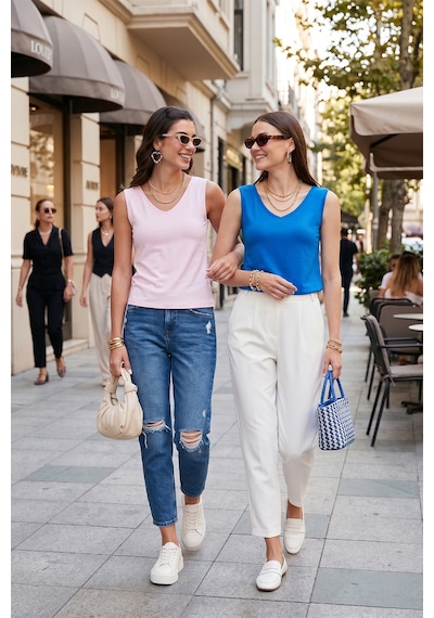 Lela Slim Fit V Yaka Kalın Askılı 2' Li Paket Bayan Bluz 5864384S2 Toz Pembe-Saks