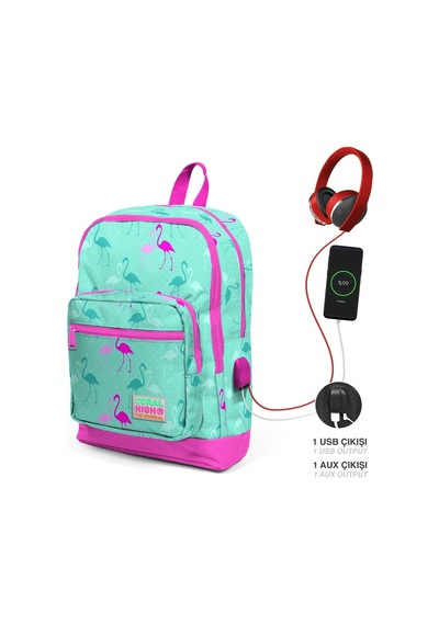 Coral High Okul Çantası Ve Beslenme Çantası Seti - Kız Çocuk Yeşil Flamingo - Usb Soketli
