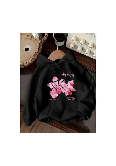 Herkesemoda Simple Joy Baskı Detaylı İçi Polarlı Kapüşonlu Sweatshirt Siyah