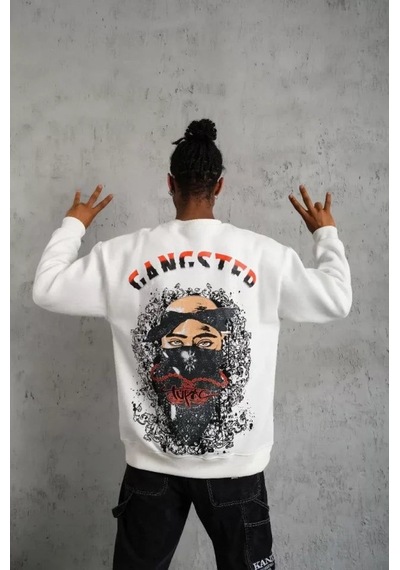 Yake Store Erkek 3 İplik Gangster Baskılı Sweatshirt - Beyaz - Beyaz