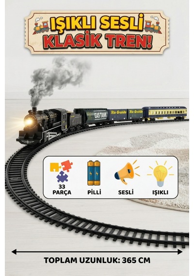 Classic Series Pilli Işıklı Sesli Oyuncak Tren Seti - 33 Parça Nostaljik Tren - 365 Cm Ray