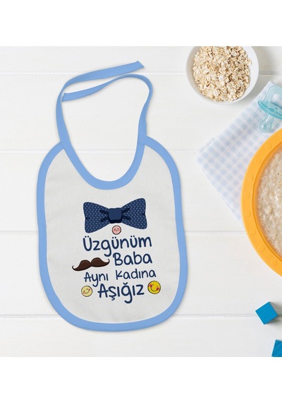 BK Kids Aynı Kadına Aşığız Tasarımlı Mavi Bebek Mama Önlüğü Mavi