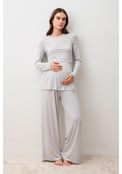 Artış Collection Uzun Kollu Esnek Likralı Viskoz Hamile Pijama Takım 20212 Gri Melanj