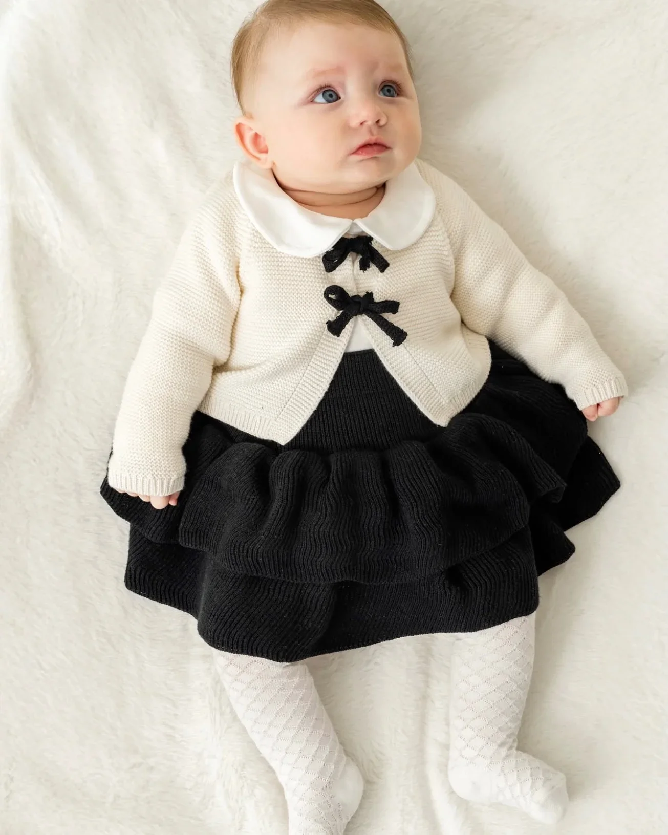 Momercy Adorable Kız Bebek Triko Hırka Body Ve Etek - Siyah Ekru - Siyah