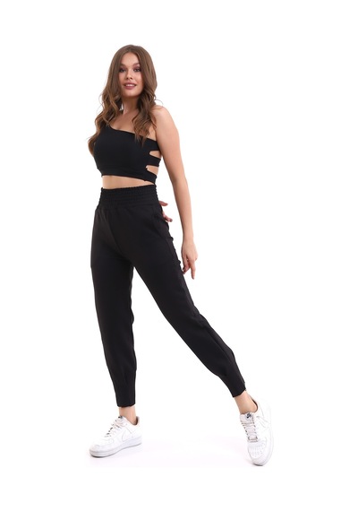Winmoda34 Scuba Dalgıç Jogger Eşofman Altı Yüksek Bel Geniş Kemer Paça Pile Detaylı Siyah