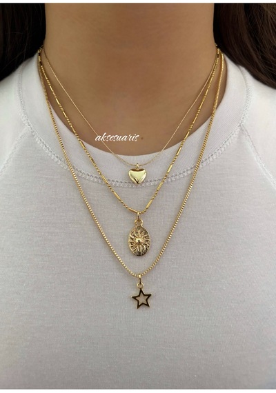 3'lü Desenli Zincirli Gold Kalp Yıldız Kadın Kolye Set Kombin Altın Altın