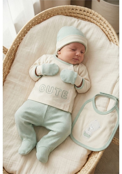 Zeynuko Erkek Bebek Cute Bear Pamuk 0-3 Ay 5'li Yenidoğan Hastane Çıkışı Zıbın Seti yeşil