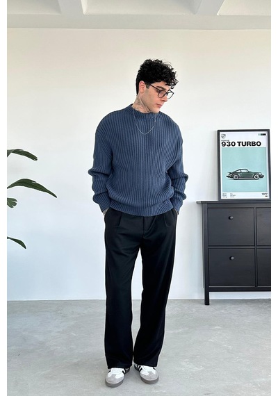 İndigo Bisiklet Yaka Fitilli Oversize Triko Kazak İndigo