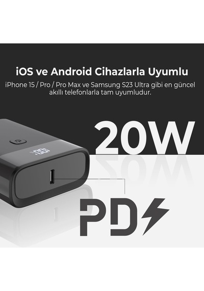 Pb20w 10000mah Type-c Ve Usb Çift Çıkışlı Dijital Ekranlı Mini Powerbank Siyah İphone Huawei Uyumlu