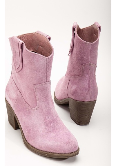 Analin Shoes Kadın Hakiki Deri Western Kovboy Bot Pembe Süet
