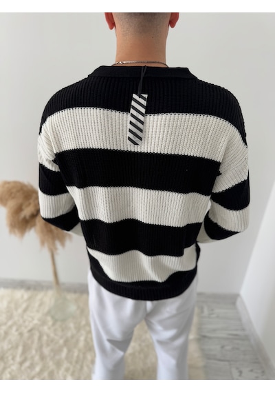 Say-Has Fashion Rahat Kalıp Erkek Polo Yaka Çizgili Triko Kazak Siyah