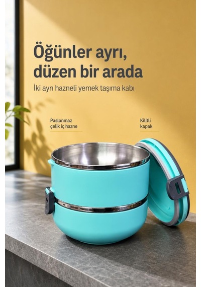 İki Ayrı Hazneli Kilitli Kapaklı Paslanmaz Çelik Sefer Tası Yemek Taşıma Kabı Çok Renkli