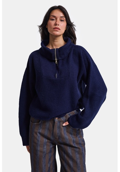Kadın Lacivert W6-56 Oversize Fermuarlı Triko Kazak V
