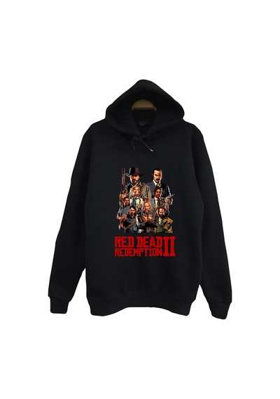 Red Dead Redemption 2 - Oyun Baskılı Unisex %100 Pamuk Kapüşonlu Sweatshirt Siyah