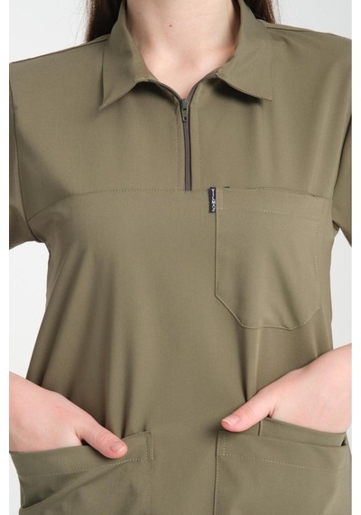 Üniforma Haki Renk Polo Yaka Unisex Likralı Ütü İstemeyen Doktor Hemşire Takım Scrubs Haki