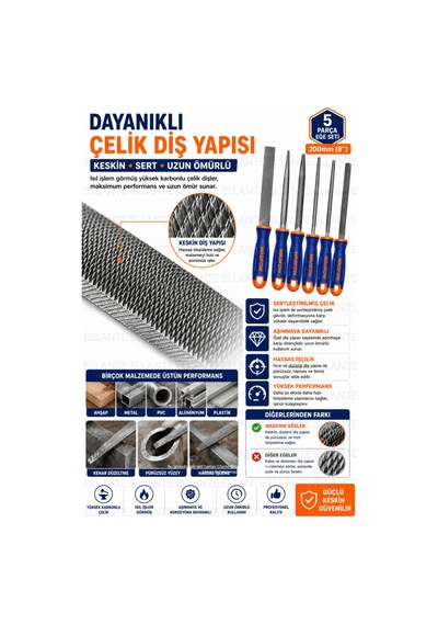 5 Parça Profesyonel Eğe Seti 200 Mm 8" Ergonomik Kaymaz Saplı Sertleştirilmiş Çelik Ahşap Metal Pl