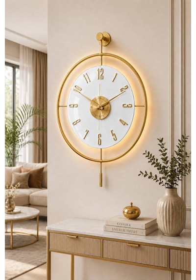 Pey Aksesuar Orjinal Metal-orjinal Cam-ışıklı Led - İskandinav Kadran Duvar Saati M60-golg-beyaz-gold