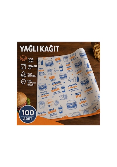 100 Adet Baskılı Yağlı Kağıt 35x50 Cm Hamburger Sandviç Fast Food Restoran Büfe Servis Ve Paketleme Kağıdı Gıda Temasına Uygun