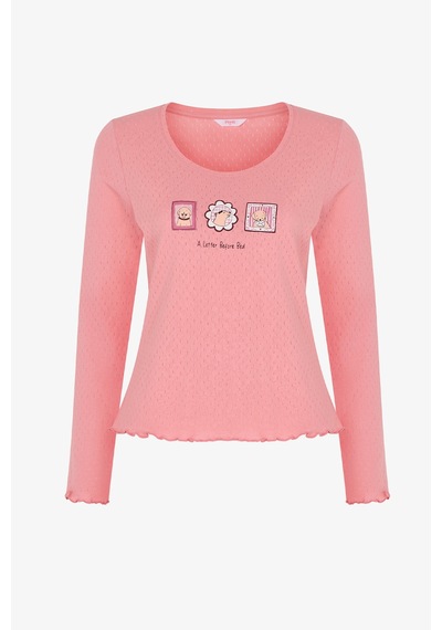 Penti Pembe Dusty Rose Pointel Slogan Desenli Kısa Kollu Tişört Pijama Üstü Pk32