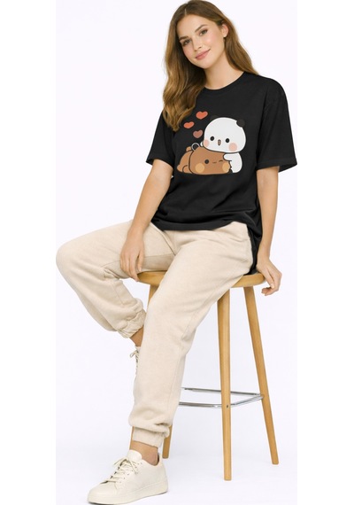 Nevermınd Sevimli Panda Baskılı Sevgili Kombini Çift Tişört Oversize Unisex Çift Kombin 2'li Set Siyah Siyah Nevermınd Sevimli Panda Baskılı Sevgili Kombini Çift Tişört Oversize Unisex Çift Kombin 2'li Set Siyah Siyah