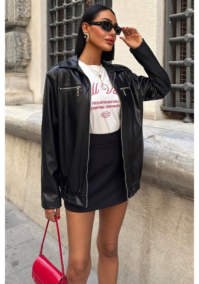 Florie Oversize Suni Deri Ceket 6108 R1-o-k2 Siyah