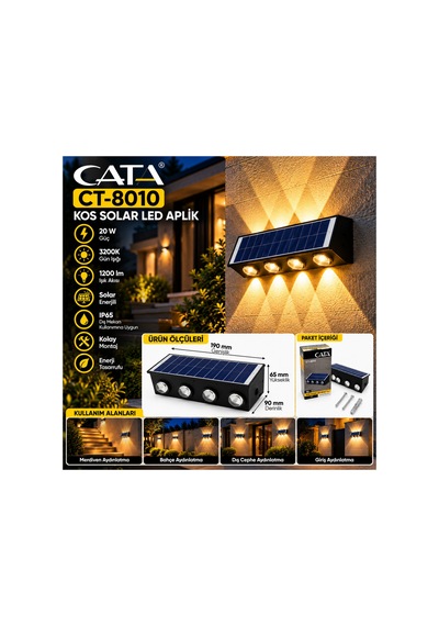 Ct-8010 20w Kos Solar Led Aplik 3200k Gün Işığı Ip65 Dış Mekan Bahçe Aydınlatma
