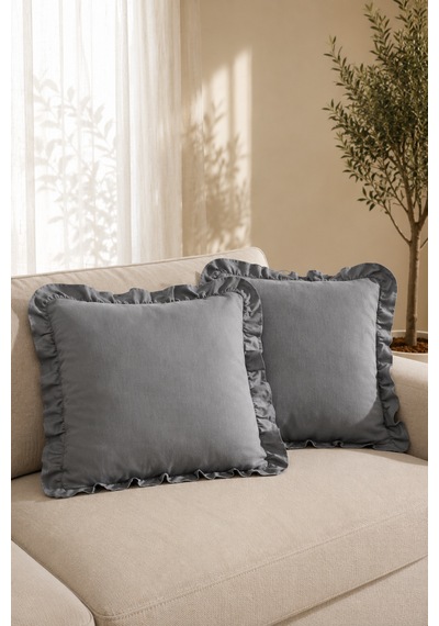 2 Li Antrasit Fırfırlı Dekoratif Kırlent Kılıfı %100 Pamuk 45x45 Cm