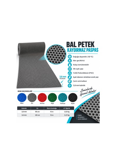 Hortumtech Bal Petek Paspas Kaydırmaz Pvc Islak Zemin Duş Havuz Su Tahliyesi 4 Mm - Gri 90 X 100 Cm
