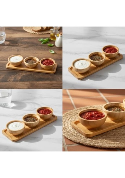 Doğal Bambu Standlı 3&apos Lü Yuvarlak Sosluk Ve Çerezlik Seti 20x6,5 Cm - Kahvaltılık İkramlık Takımı