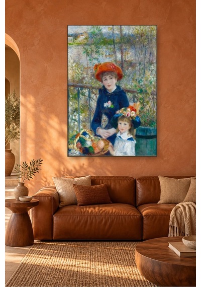 Fida Renoir Terasta Kırmızı Şapkalı İki Kız Kardeş Canvas Tablo Çok Renkli