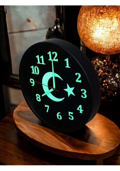 Fosforlu Gece Görünen Ayyıldız Duvar Saati Çap 28 Cm Cam Yok Siyah